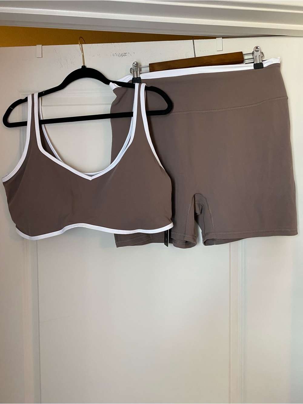 Abercrombie & Fitch Taupe Bralette and Bike Shorts with White Trim